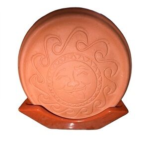 Vintage Wieland Terra Cotta Sun Face Coaster Set w/ Holder 6 Southwestern Decor